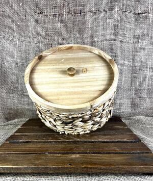 Woven Water Hyacinth Storage Basket with Wooden Lid Round Boho Decorative Basket